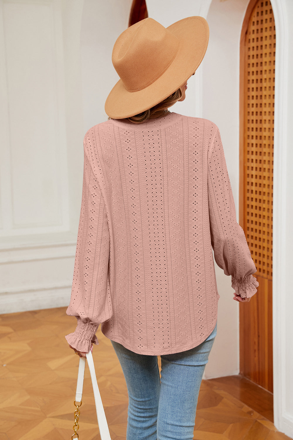 Eyelet notched-neck blouse with flounce sleeves