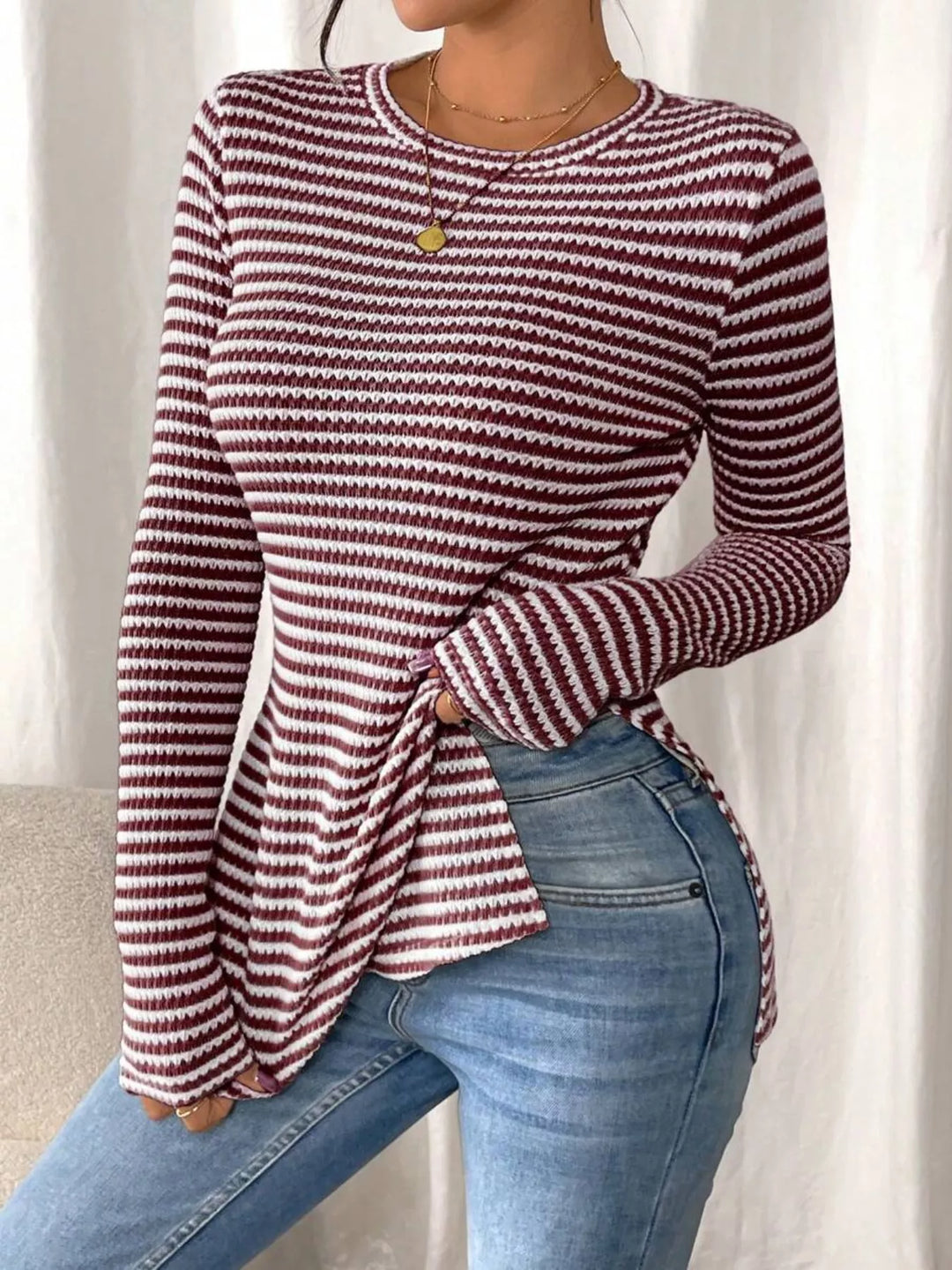 Rust Slit-hem striped textured knit long sleeve top