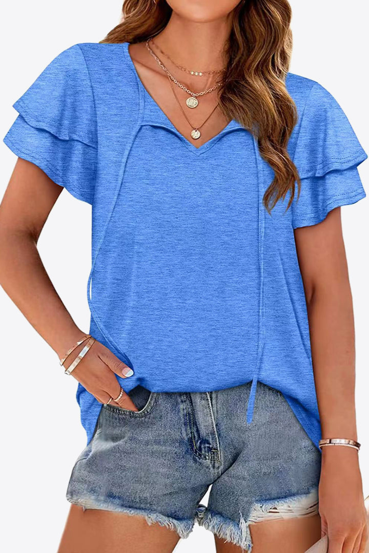 Royal  Blue Tiered flutter sleeve blouse with split tie neck