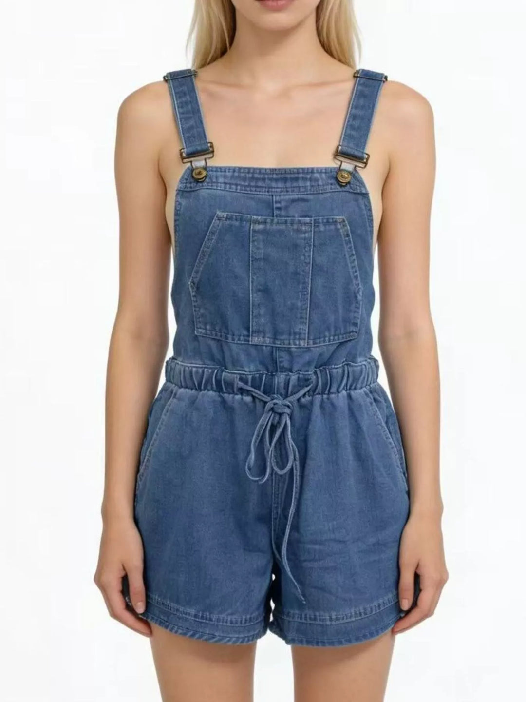 Dark Blue Tie-waist denim overall shorts with adjustable straps