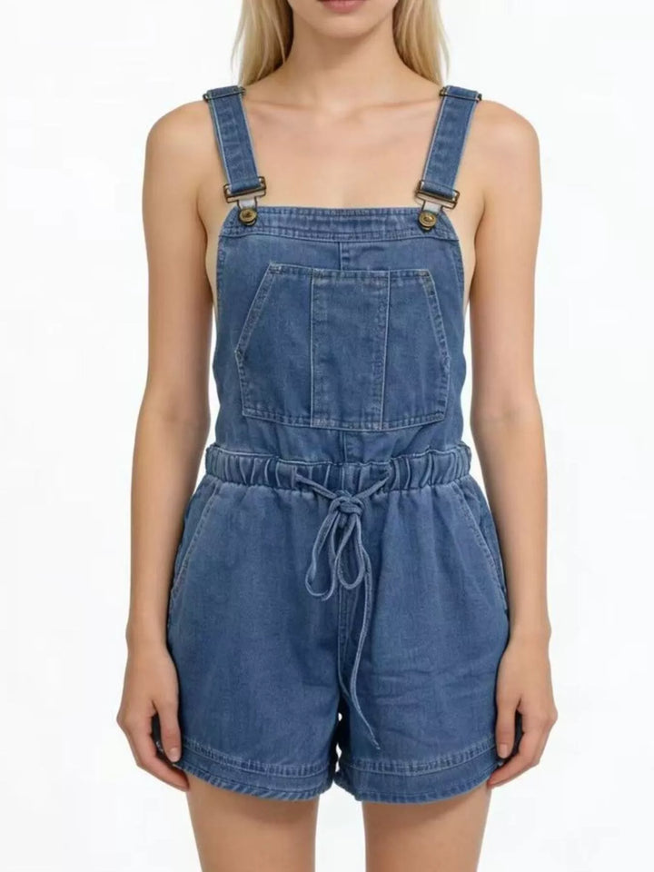 Dark Blue Tie-waist denim overall shorts with adjustable straps
