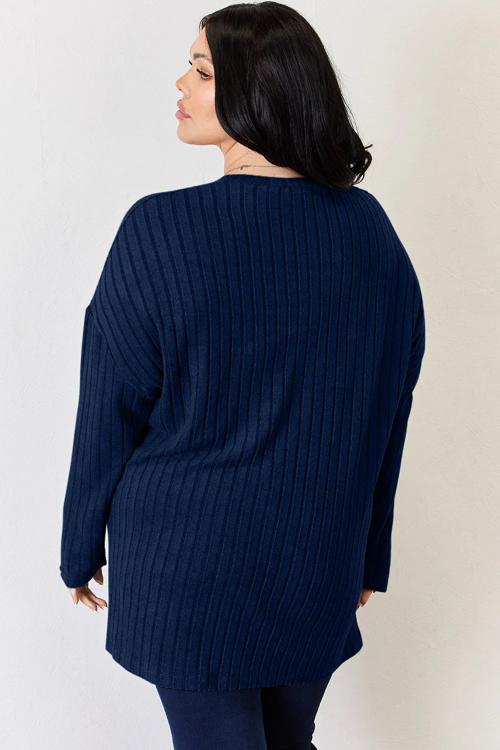 Ribbed knit half-button long sleeve high-low top