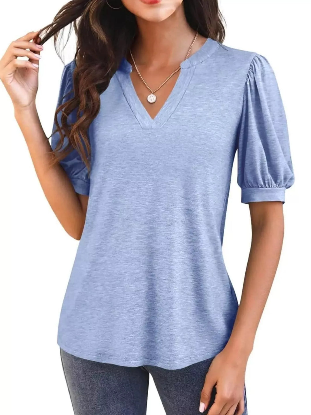 Sky Blue Short puff sleeve notched V-neck casual tee