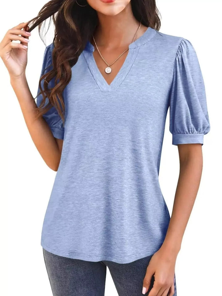 Sky Blue Short puff sleeve notched V-neck casual tee