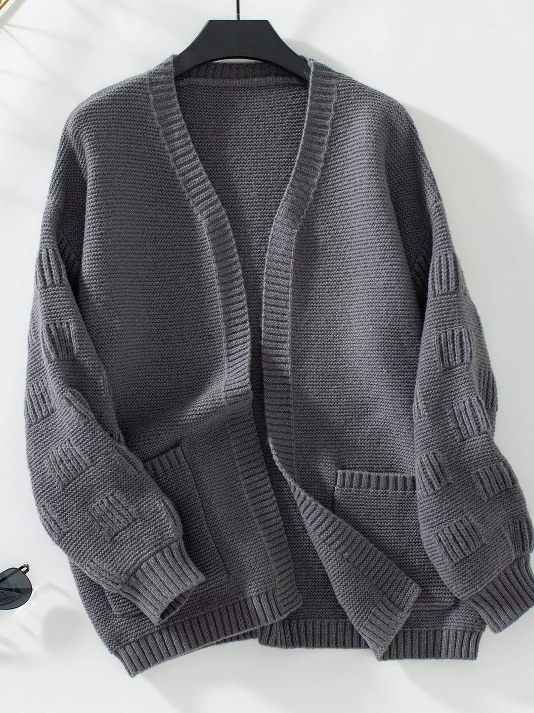 Textured basketweave knit open-front cardigan with pockets