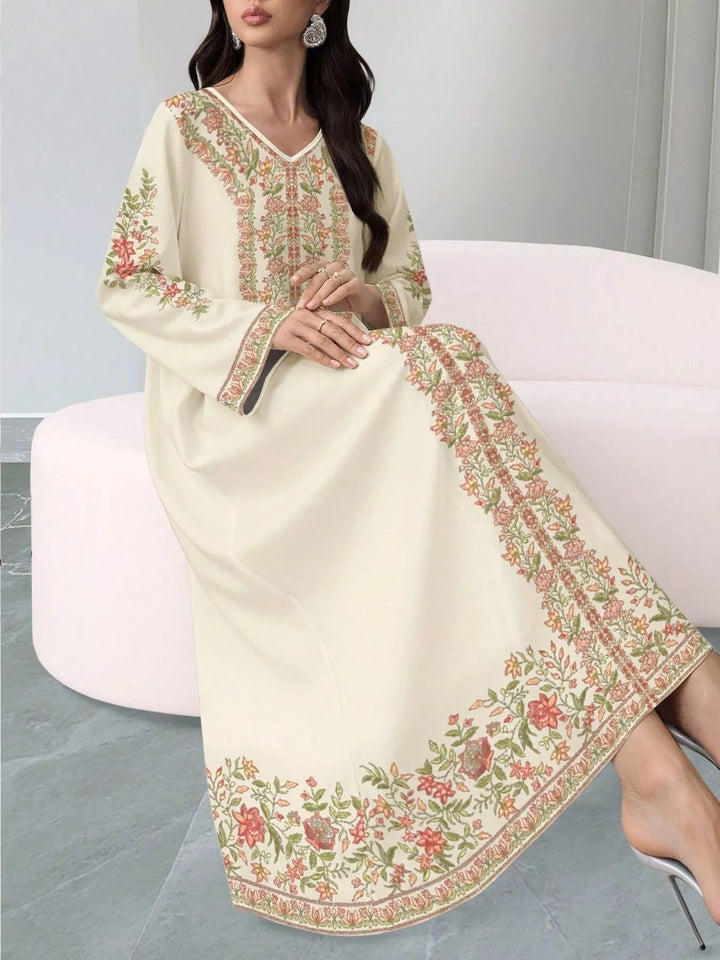 Floral border print V-neck long sleeve maxi dress