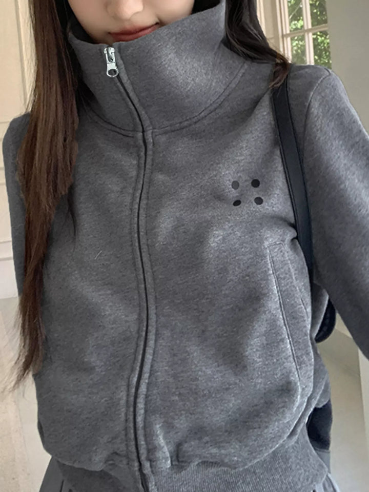 Cropped stand-collar zip-up jacket with two-way zipper