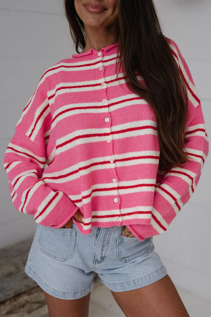 Pink Striped knit button-front cardigan with rolled crew neck