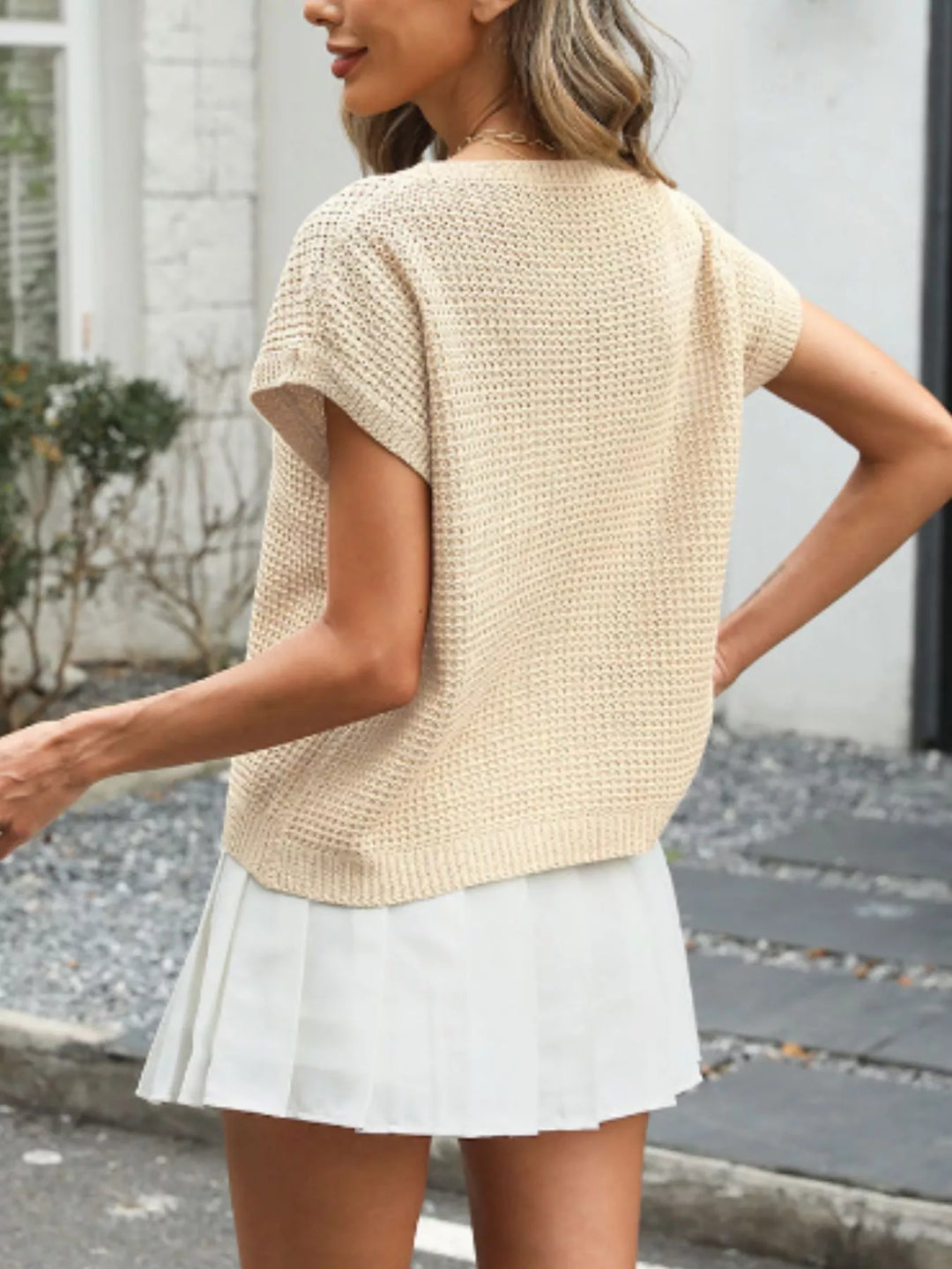 Round neck openwork waffle knit cropped top