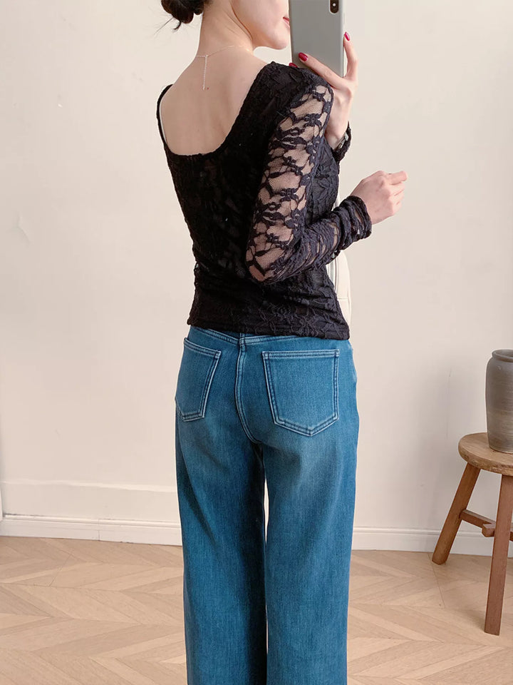Sheer floral lace round neck long sleeve top