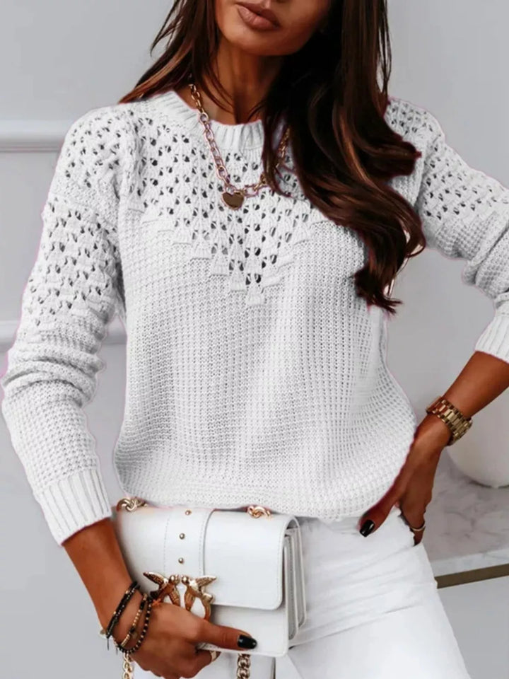 White Textured openwork knit round neck sweater