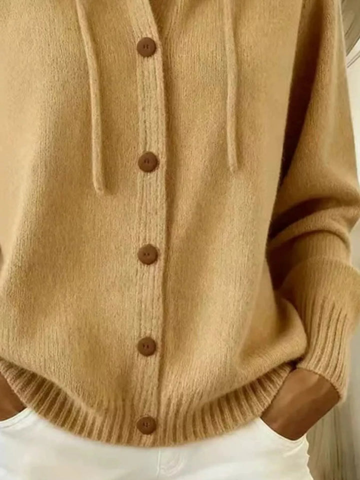 Hooded button-down knit cardigan with drawstring