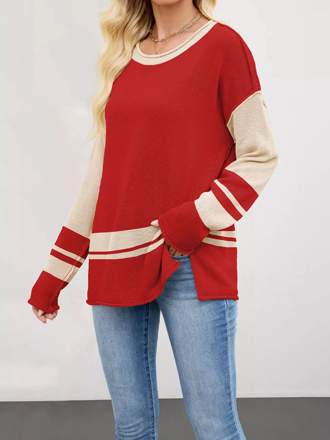 Striped colorblock drop shoulder sweater with side slits