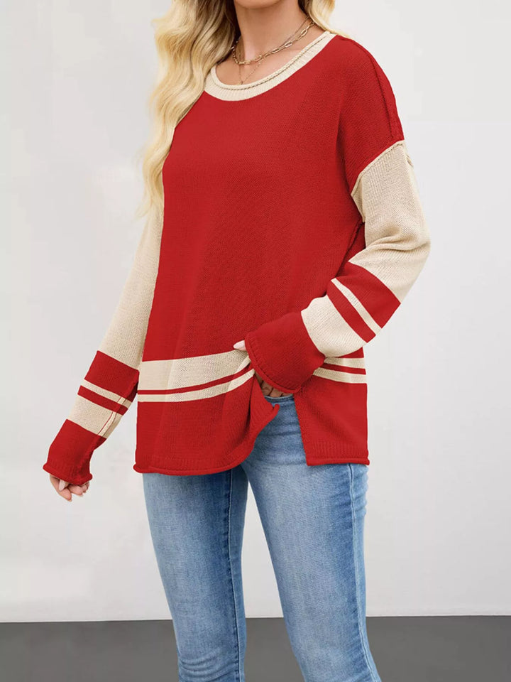 Striped colorblock drop shoulder sweater with side slits