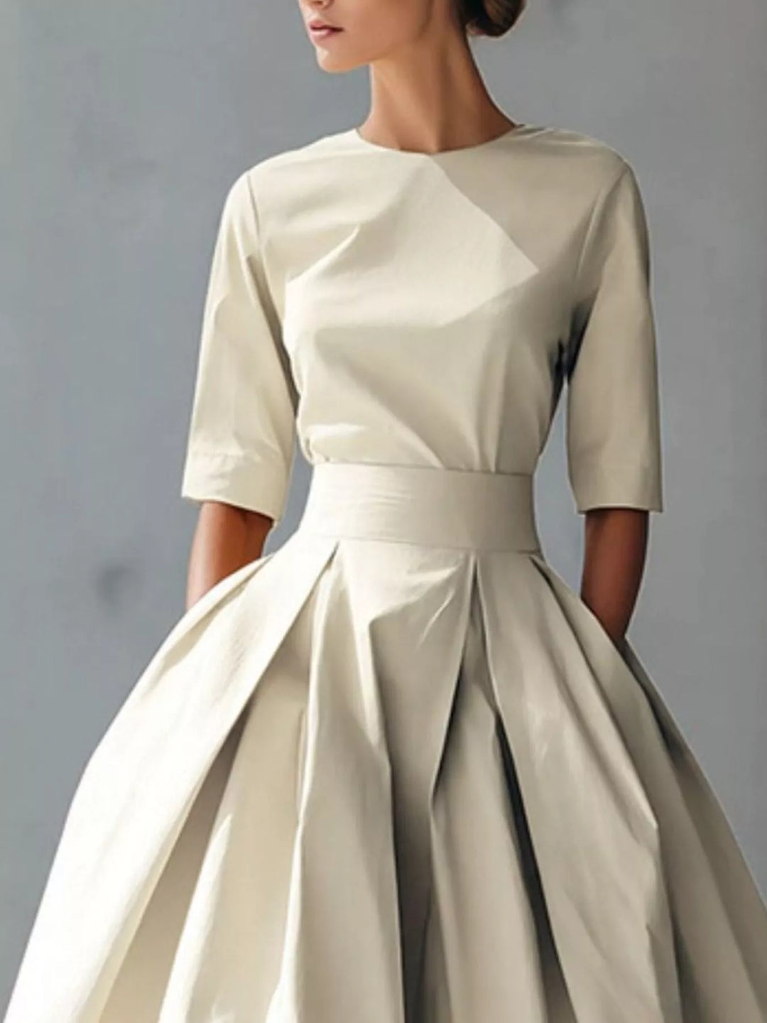 A-line pleated midi dress with side pockets