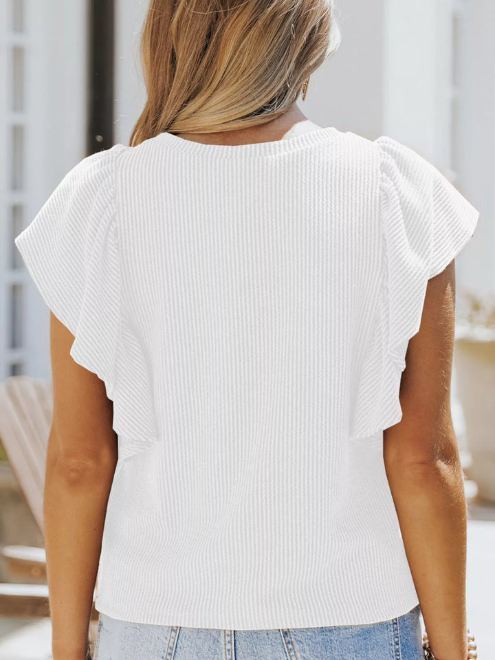 Ribbed knit top with ruffled cap sleeves