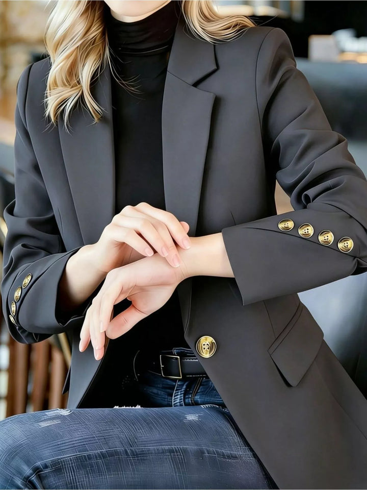 Dark Gray One-button notched lapel blazer with gold buttons