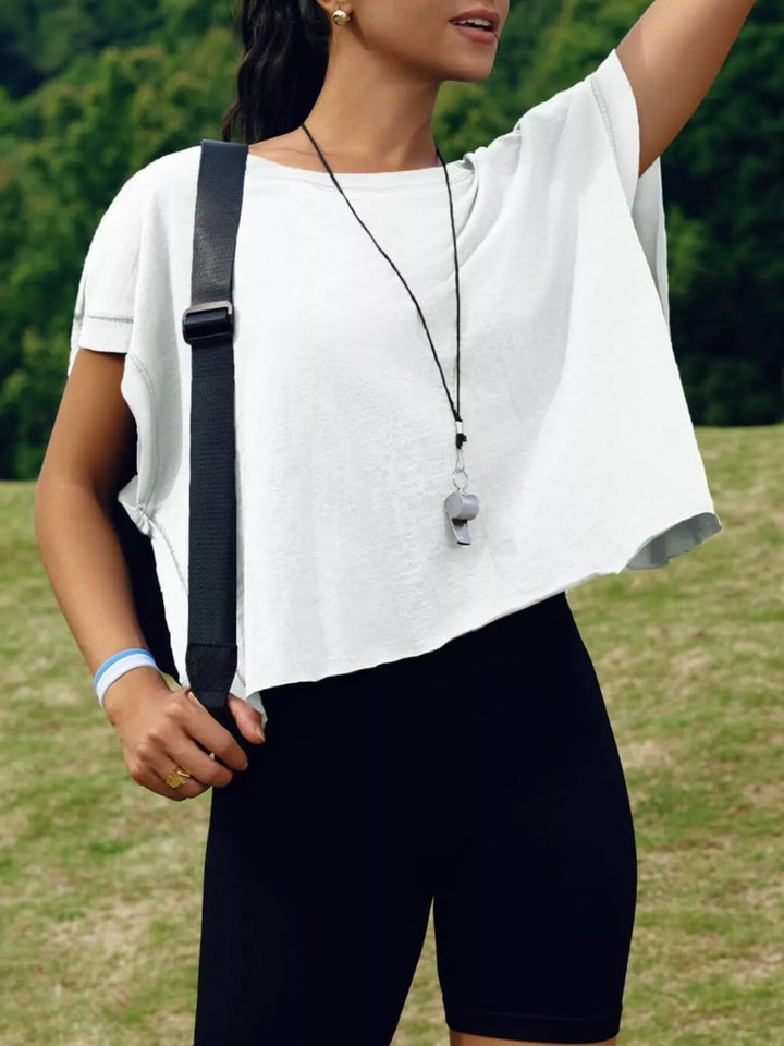 Cutout back boxy crew neck tee with exposed seams