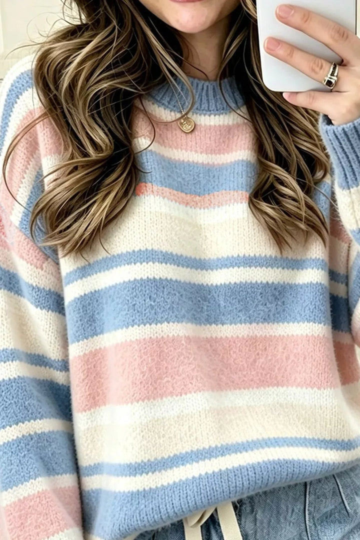 Striped drop shoulder mock neck pullover sweater