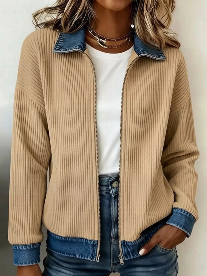 Beige Ribbed knit zip-up jacket with denim collar and cuffs