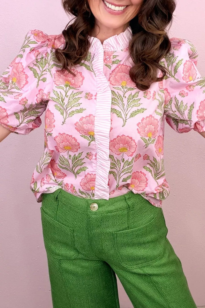 Floral puff sleeve button-front blouse with ruffle trim