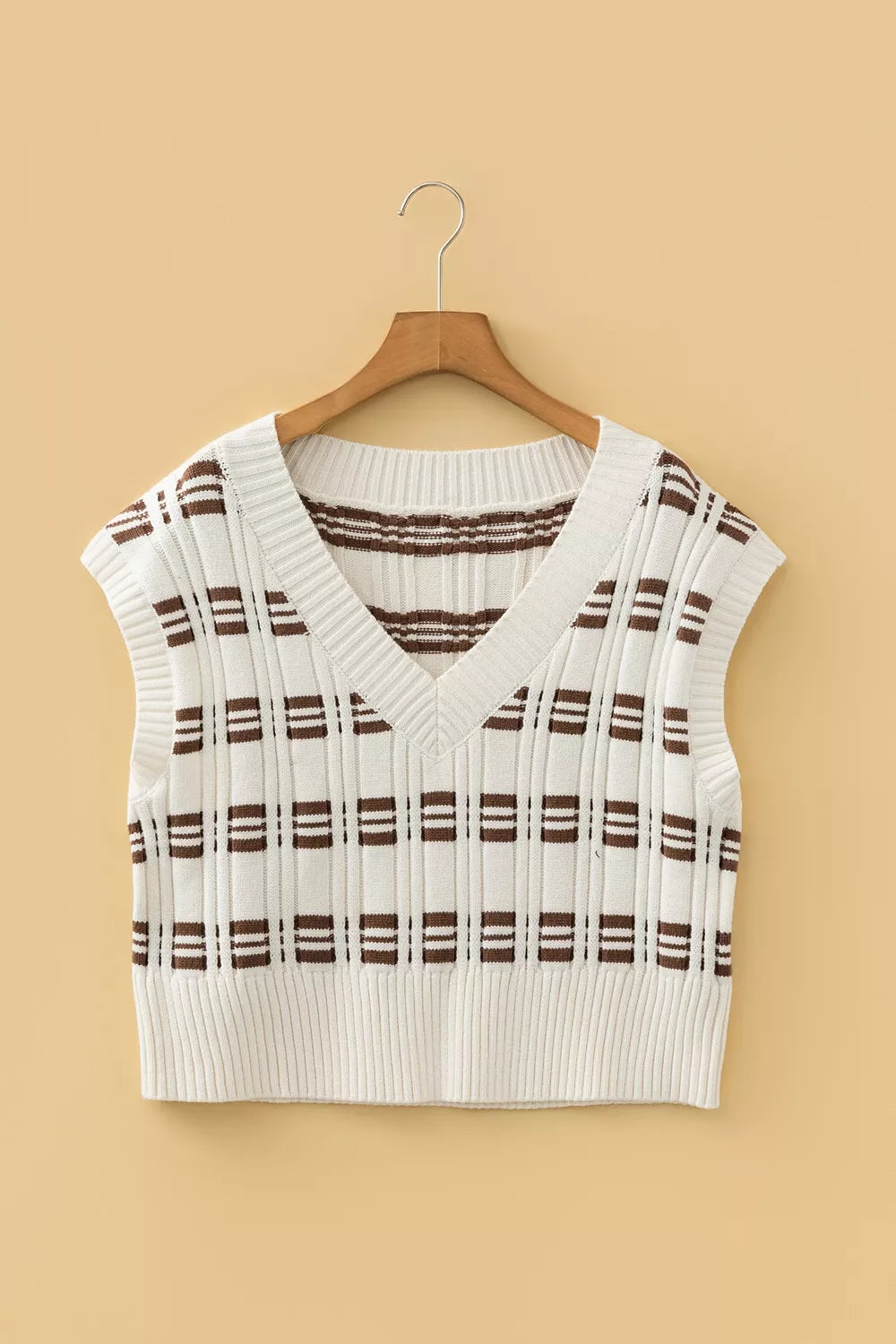 Contrast stripe ribbed knit V-neck cropped sweater vest