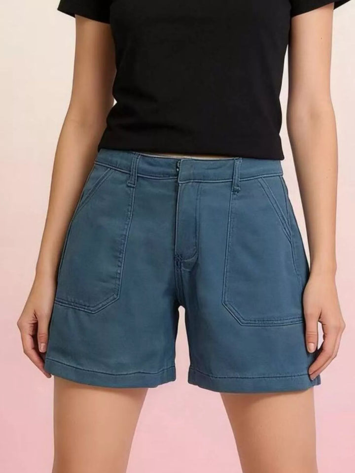 Blue Patch pocket mid-rise denim shorts with cuffed hem