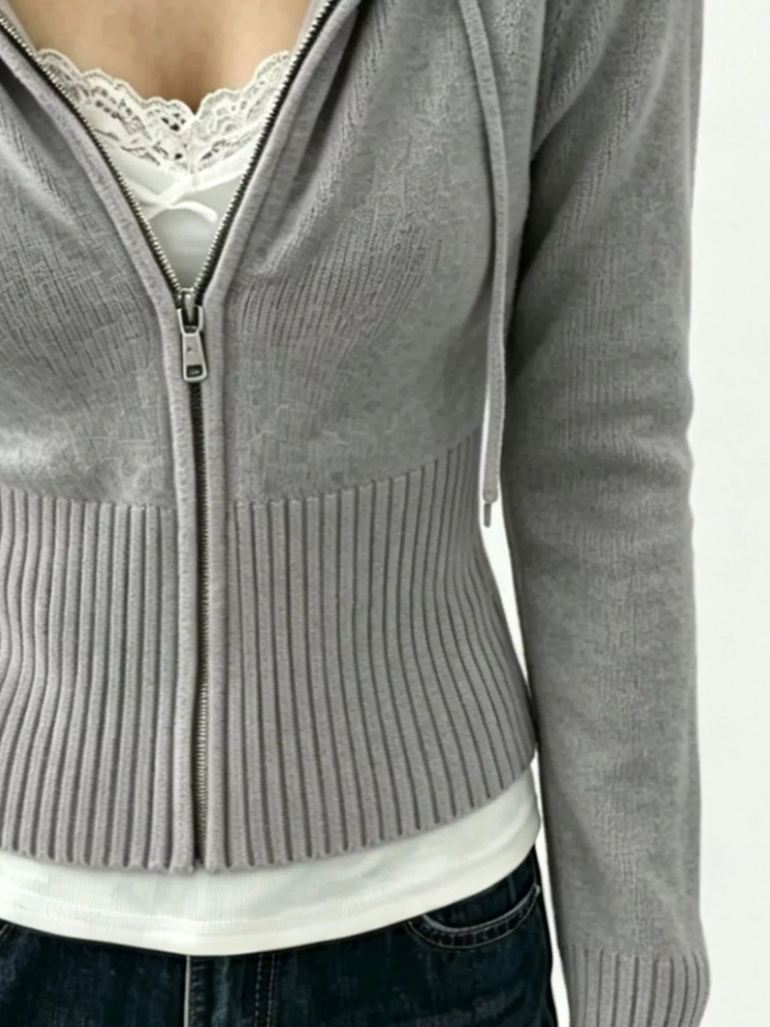 Ribbed knit zip-up cropped hooded cardigan