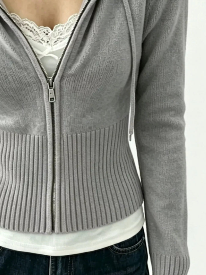 Ribbed knit zip-up cropped hooded cardigan