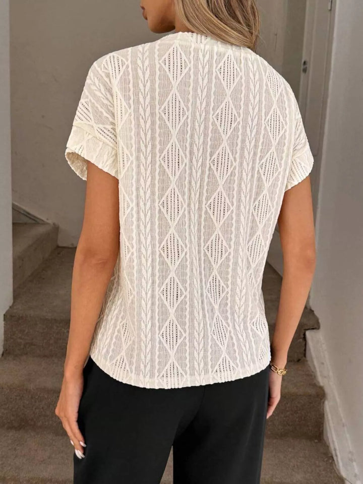 Textured diamond knit round neck top with cap sleeves