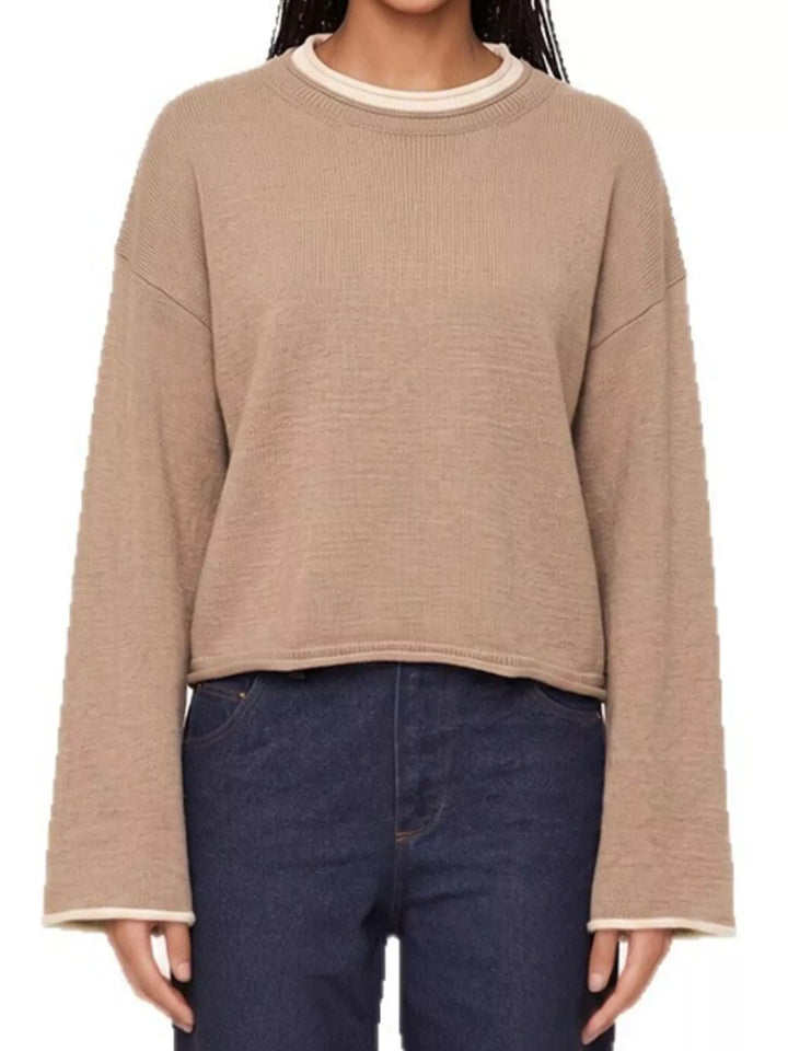 Khaki Drop shoulder crew neck sweater with contrast trim