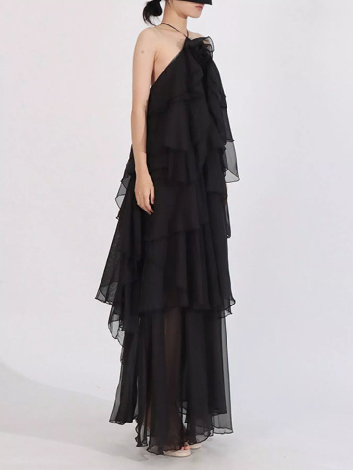 Tiered ruffle chiffon halter maxi dress with rosette