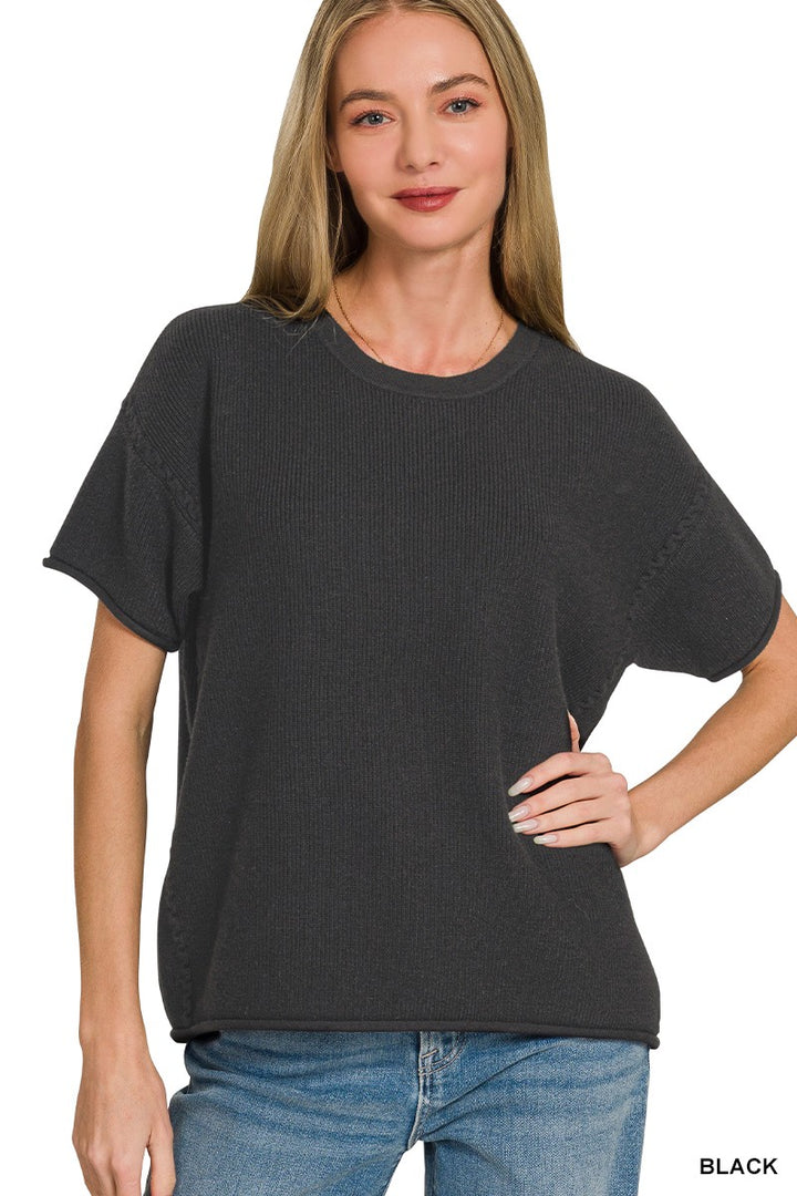 BLACK Ribbed round-neck short sleeve sweater with drop shoulders