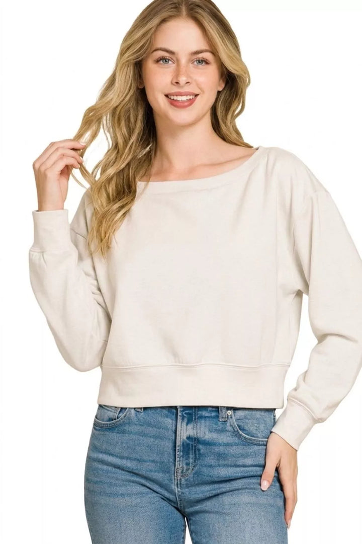 Scuba knit cropped boat neck pullover sweatshirt