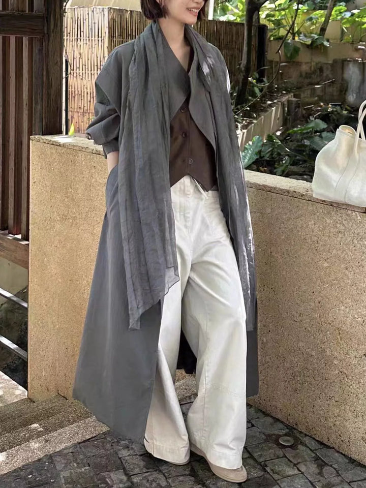 Dark Gray Drawstring open front longline trench coat