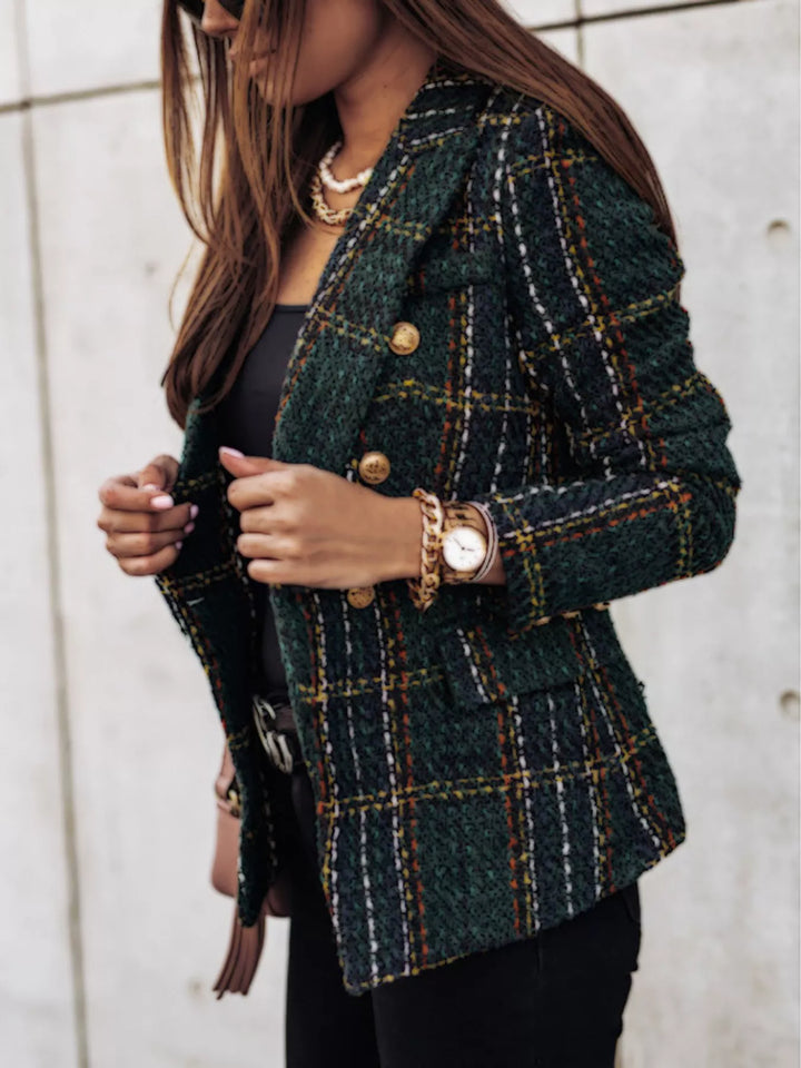 Plaid tweed double-breasted blazer with gold buttons - Burgundy