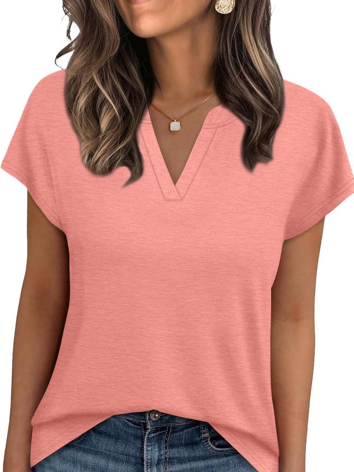 Pink Notched V-neck short sleeve relaxed knit top