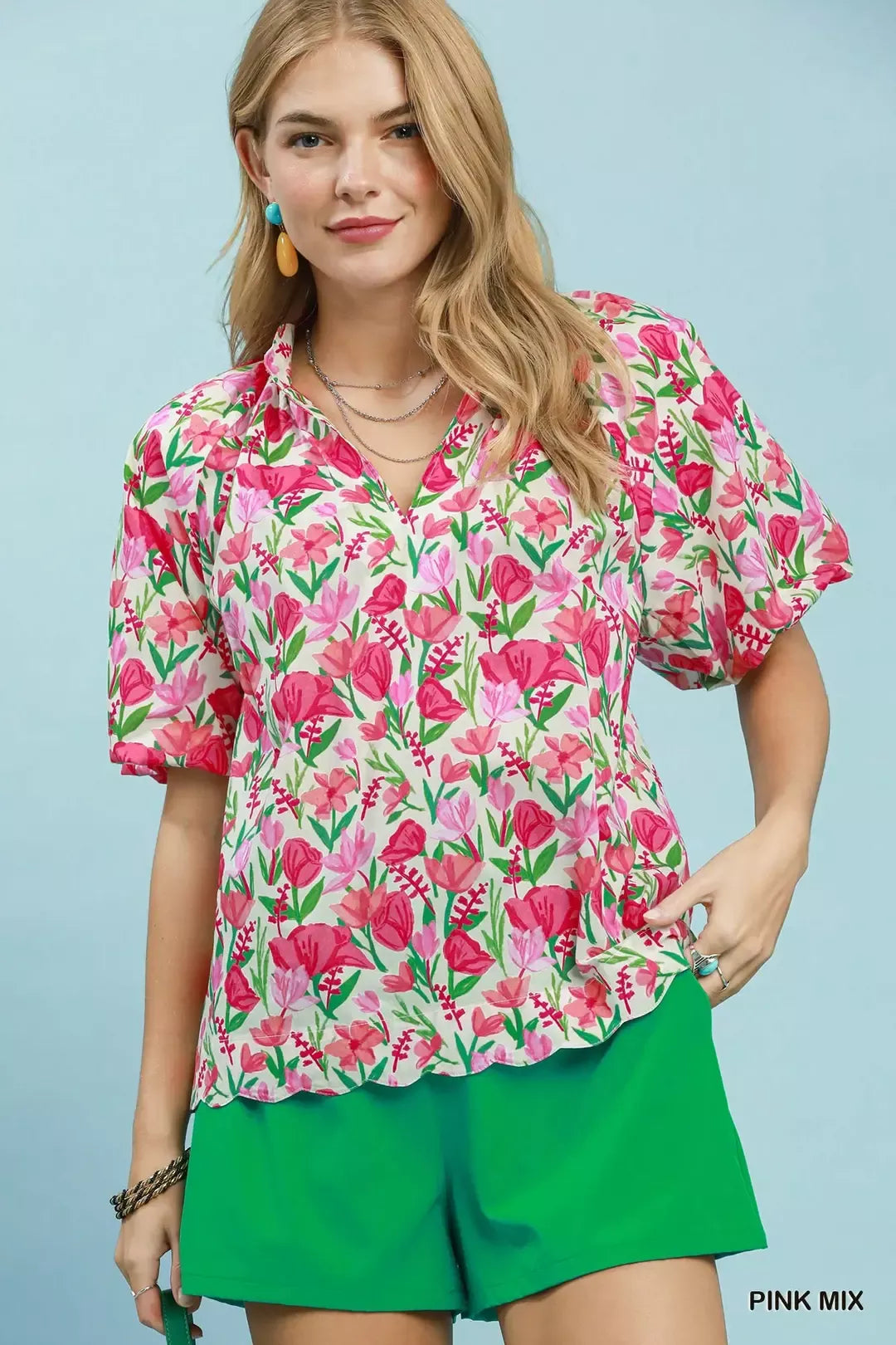 PINK MIX Floral split-neck puff sleeve blouse with scalloped hem