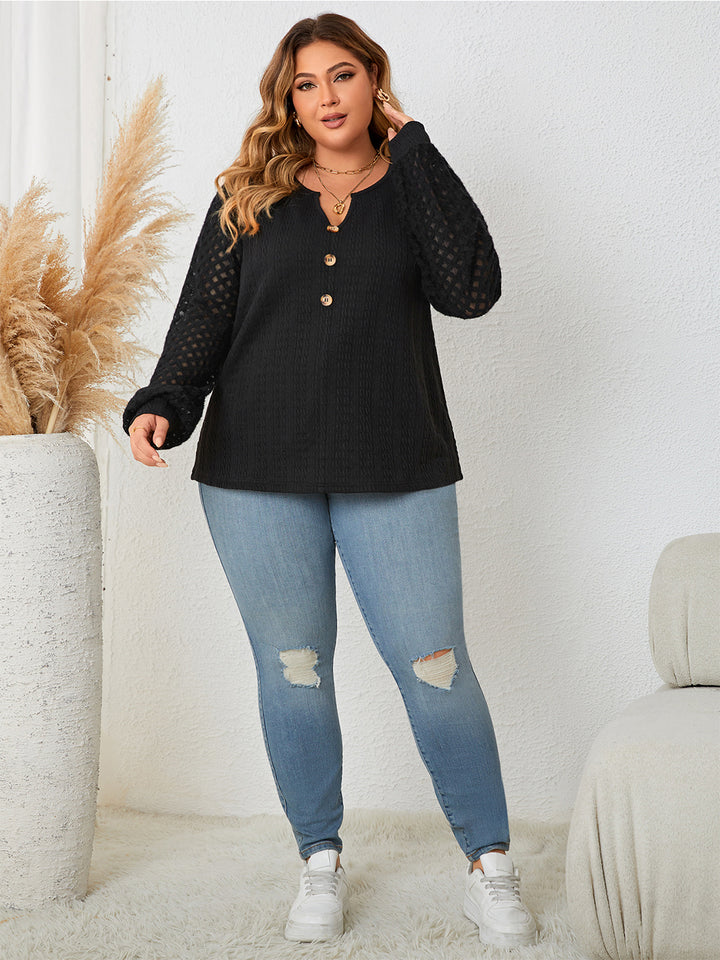 Openwork sleeve notched button-front plus size blouse