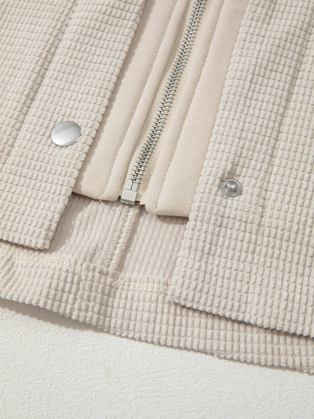 Waffle knit hooded jacket with snap flap pockets
