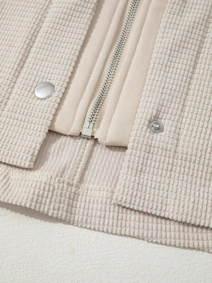 Waffle knit hooded jacket with snap flap pockets