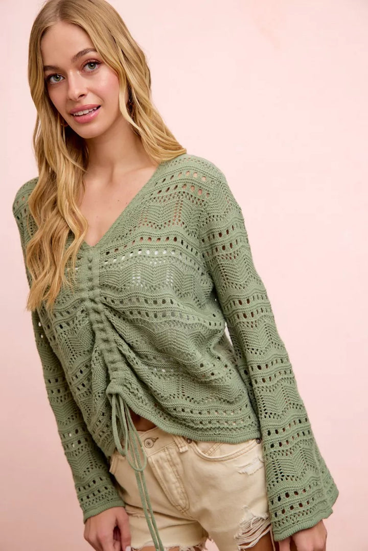 Long sleeve pointelle knit V-neck top with ruched front