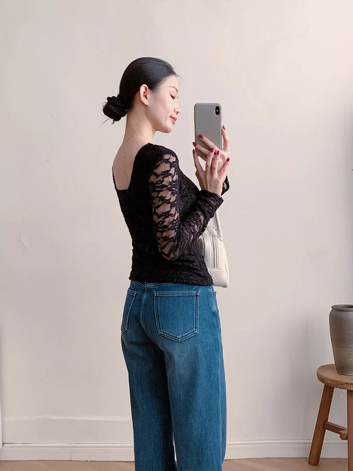 Sheer floral lace round neck long sleeve top