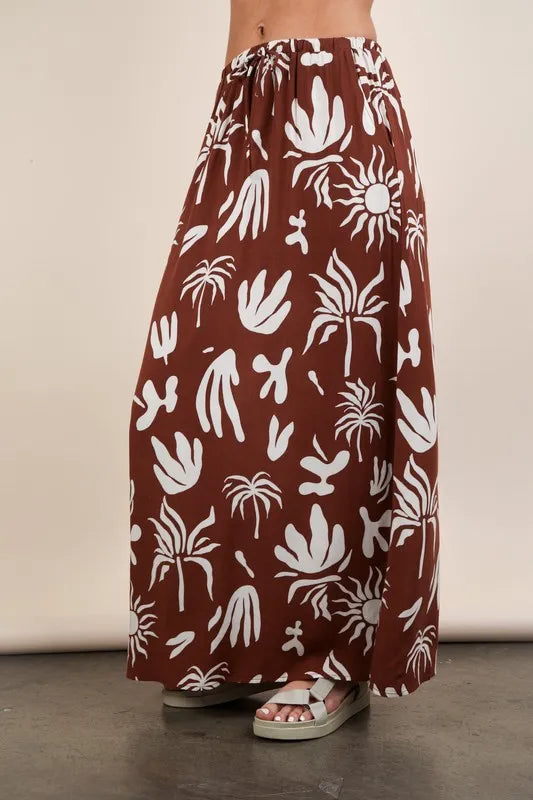 Abstract tropical print drawstring maxi skirt