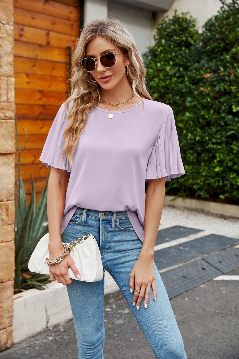 Lilac Pleated flutter sleeve round neck blouse