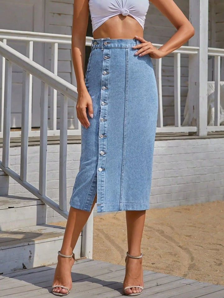 Button-front midi denim skirt with high side slit