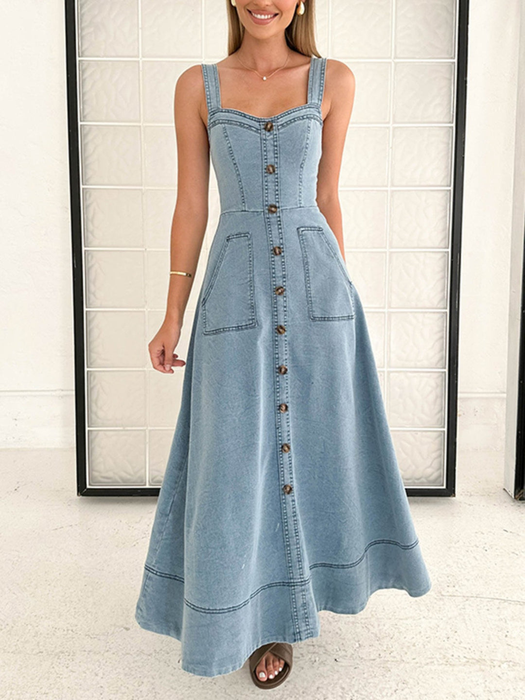 Light Blue Sleeveless button-front A-line denim maxi dress