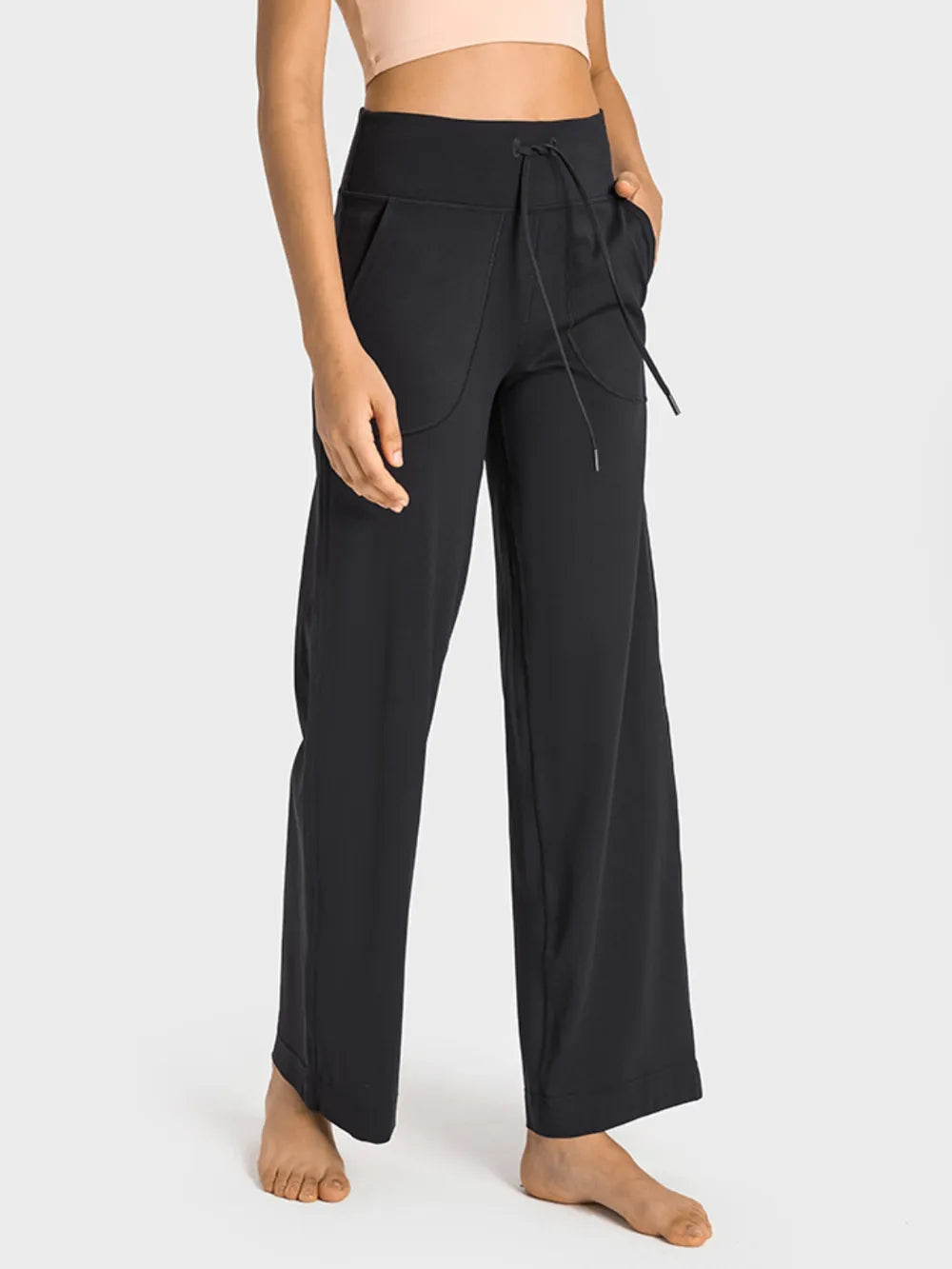 High-waist drawstring wide leg pants with patch pockets