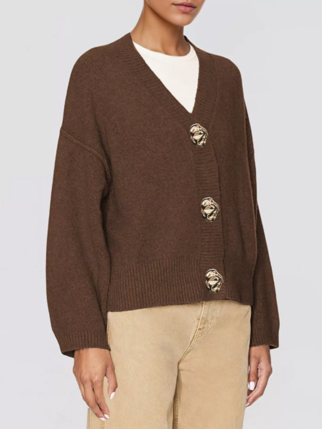 Gold button V-neck knit cardigan with drop shoulders