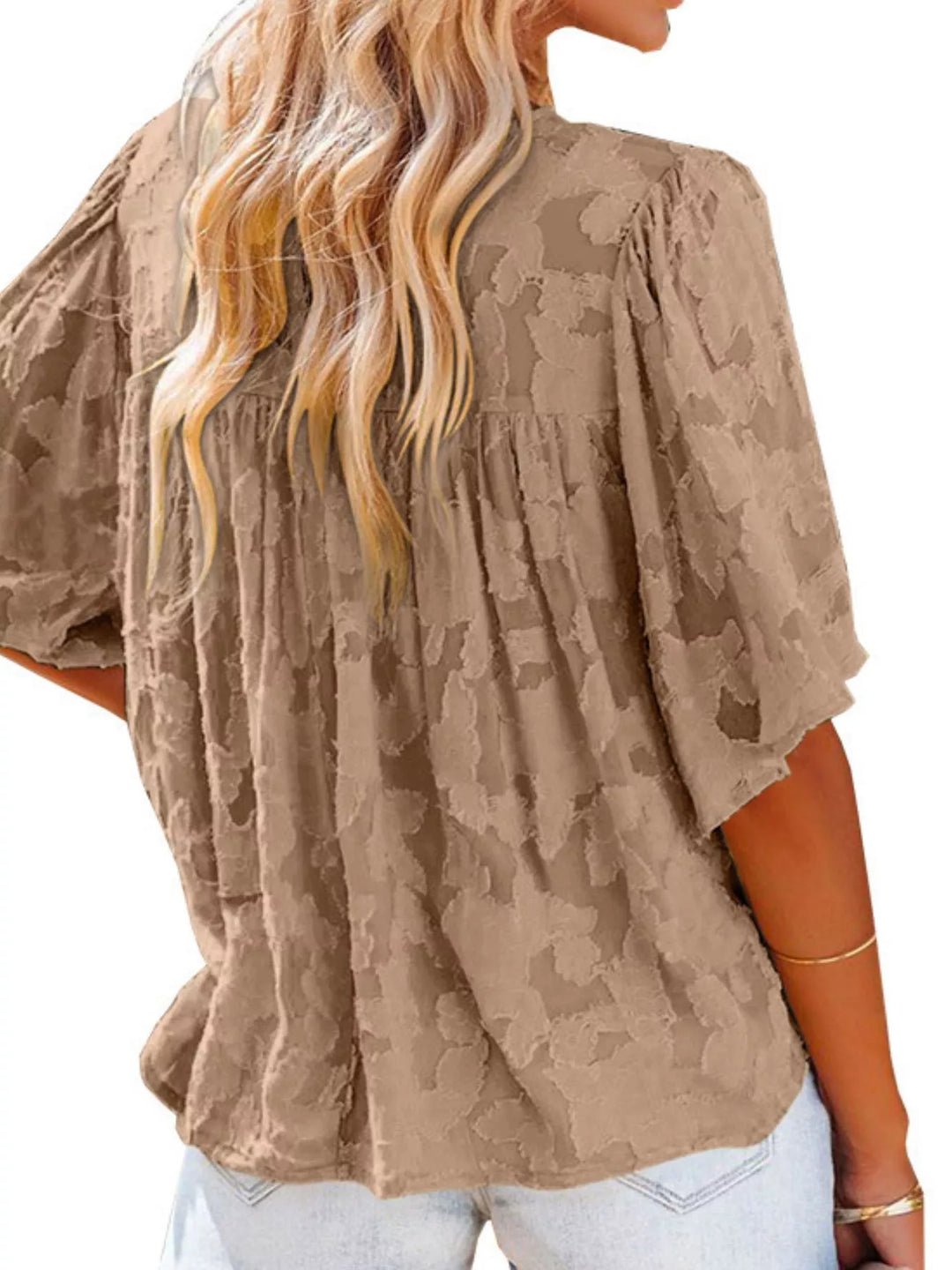Textured V-neck ruffle-trim button-down blouse